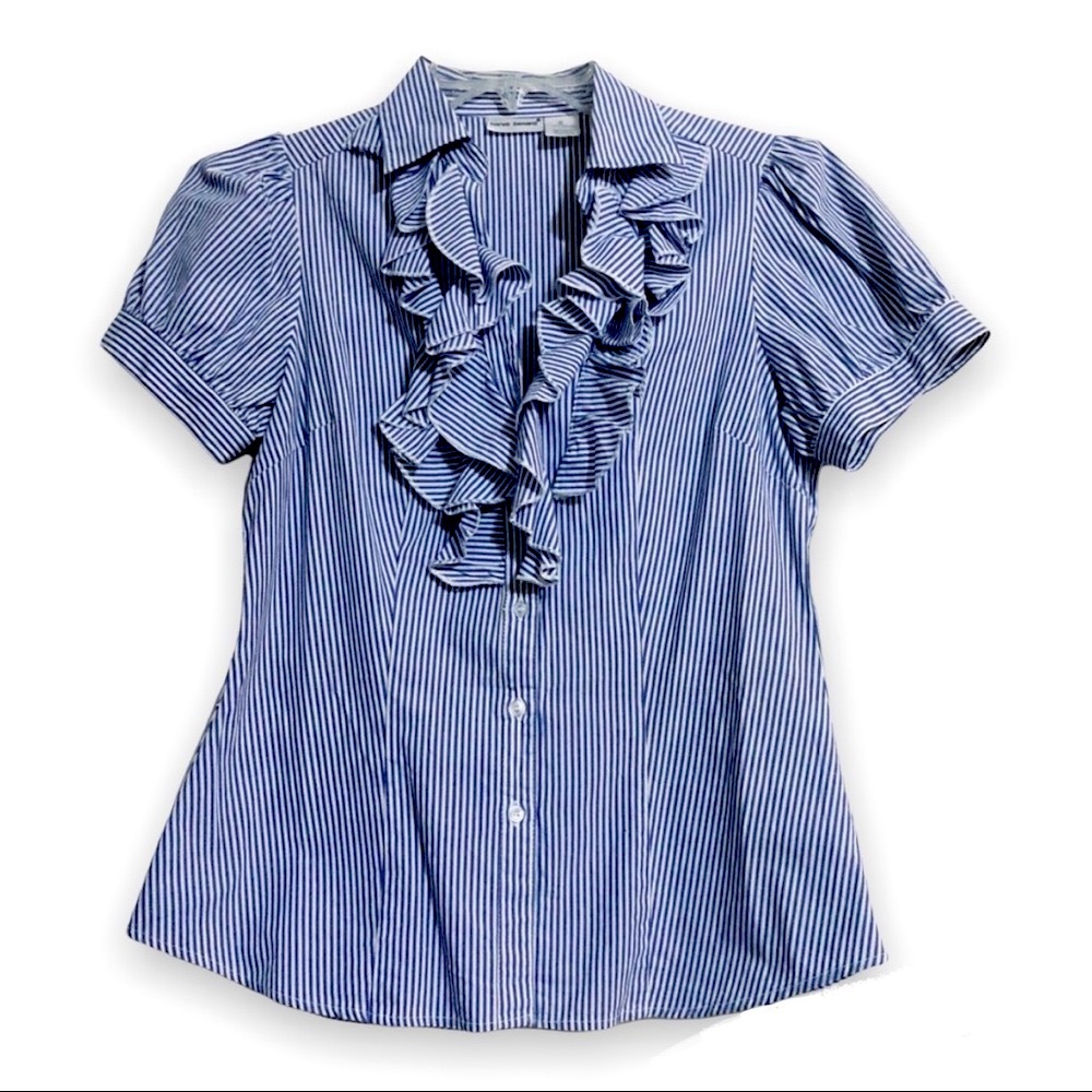 Harvé Benard Striped Blue and White Short Sleeve Button Up Princess Puff Sleeve